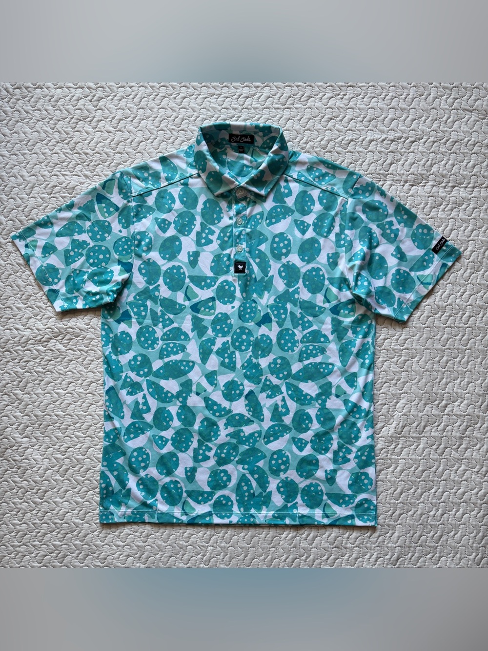 Bad Birdie Men’s Large Golf Polo Shirt Turquoise White Abstract Print Performanc